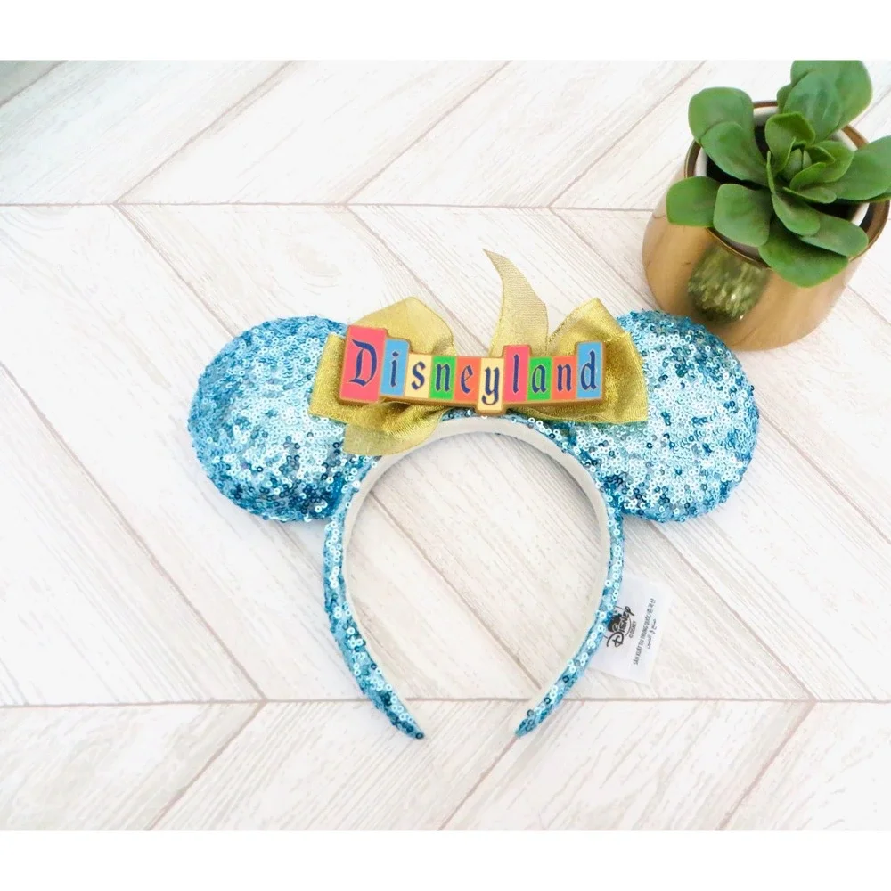 NEW! Disney Parks Sequin Disneyland Marquee Sign Minnie Ears Bow Headband Blue